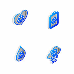 Set Isometric line Battery with recycle, Eco friendly heart, Recycle clean aqua and Acid rain and radioactive cloud icon. Vector