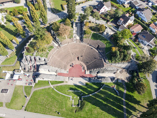 Drone view at the roman amphitheater of Augusta Raurica at Augst in Switzerland