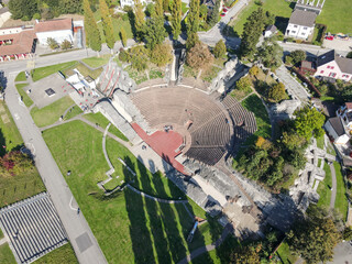 Drone view at the roman amphitheater of Augusta Raurica at Augst in Switzerland
