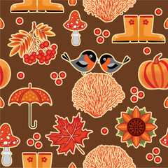 Vector illustration of autumn icons on a dark background. Seamless pattern - autumn. Pumpkin, umbrella, mountain ash, bullfinches. Background for fabric, book, album, postcard, advertising, stickers.