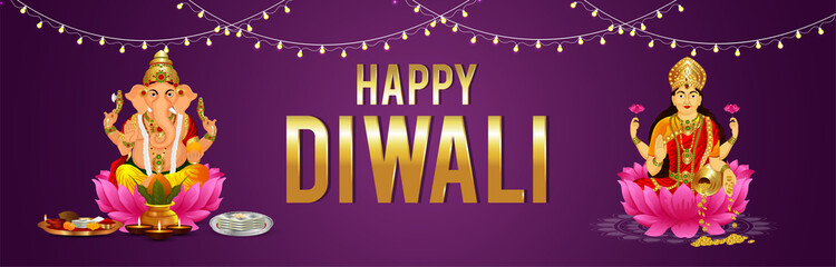 Happy diwali vector illustration with Lod ganesha and Goddess laxami celebration banner