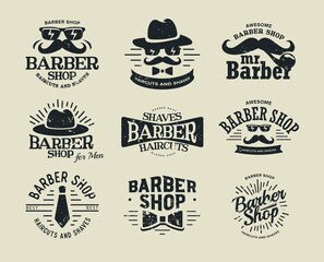 Barbershop vector retro logo set. Hipster barber shop label, gentleman silhouette with moustache, glasses, tie and hats. Vintage flat round logo template. Logotype concept design for hairdresser