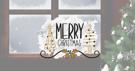 Composition of merry christmas text over christmas tree and window
