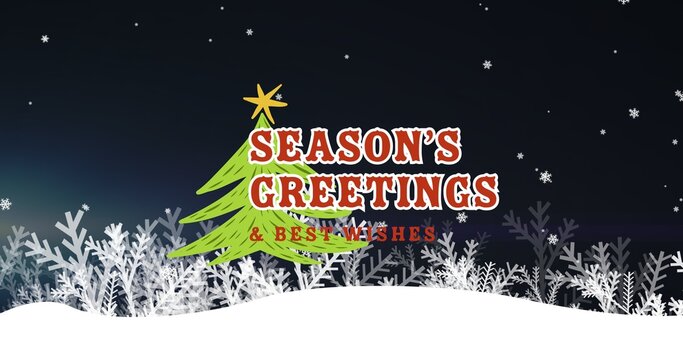 Composition of season's greetings text over christmas tree and snowflakes on black background