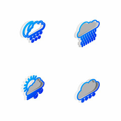 Set Isometric line Cloud with rain, snow and moon, Windy weather and icon. Vector