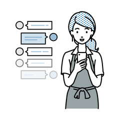 立ってスマートフォンで楽しくチャットで会話するカフェ店員の女性