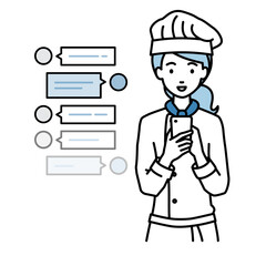 立ってスマートフォンで楽しくチャットで会話する調理師の女性