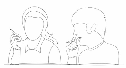 man and woman smoking a cigarette one continuous line drawing vector