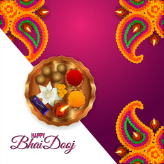 Happy bhai dooj indian festival greeting card with creative gifts and pooja thali