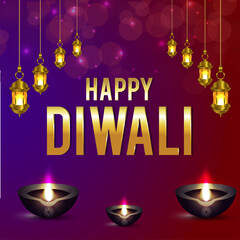 Diwali indian festival celebration greeting card  with hanging lamp and diya