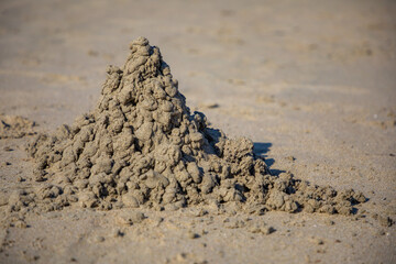 Sandy castle built by children with wet sand on the beach. 