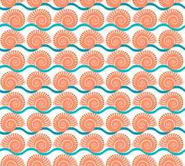 Nautilus shell seamless pattern background. Colorful repetitive nautilus conch