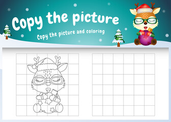 Copy the picture kids game and coloring page with a cute deer hug ball