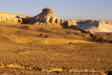 Some of the Bozjyra (or Boszhira) rock formations look like an ancient fortress. Ustyurt Plateau, Mangystau region, Kazakhstan.