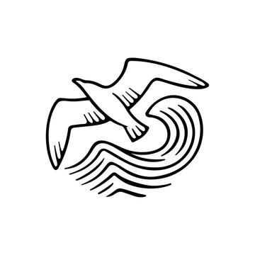 recommend clip art: Albatross over the waves hand drawn vector illustration. Flying bird and curly waves graphic.