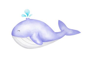 Watercolor cute whale hand drawn illustration
