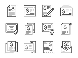 Invoice, Financial report and Contract document line icons. Bill, Receipt and Salary statement vector outline icon set.