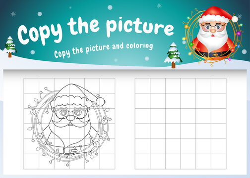 Copy the picture kids game and coloring page with a cute santa clause