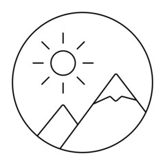 Mountain Sun circle round Vector art. Black and white. White background. Line drawing.