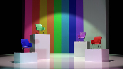 虹色の壁　4つの椅子　3DCG　背景　アート