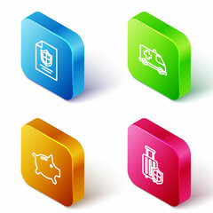 Set Isometric line Contract with shield, Emergency car, Piggy bank and Travel suitcase icon. Vector