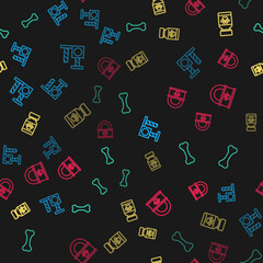 Set line Cat scratching post, Dog bone, Medicine bottle and pills and Canned food on seamless pattern. Vector