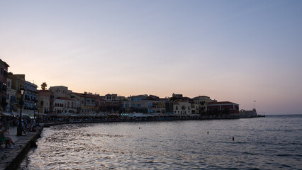 Fototapeta premium Panoramic view on the venetian harbor of old Chania, Crete