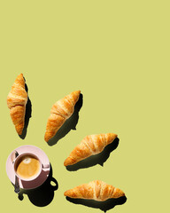 set of croissants and cup of coffee on color backround, pattern, decoration, copy space
