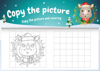 Copy the picture kids game and coloring page with a cute rhino