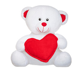 Soft toy white teddy bear with big red heart isolated on white background Concept of love and friendship