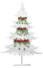 A figure of a white spruce decorated with snow sequins, green branches and bright red berries. Isolated on a white background. The concept of Christmas.
