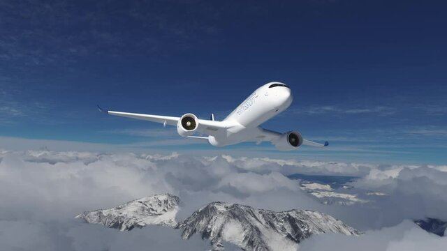 Blue Hydrogen filled H2 Aeroplane flying in the sky - future H2 energy concept.