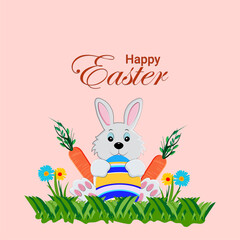 Flat easter bunny and colorful eggs with carot and green grass