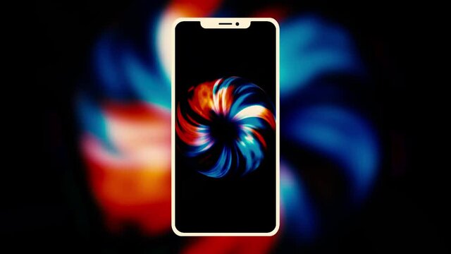Abstract silhouette of a new new smartphone with blurred animation behind it on black background. Motion. Rotating colorful spiral on a phone screen.