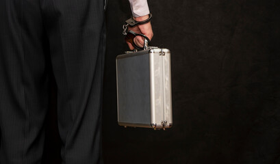 Metal case handcuffed to a man, close-up, selective focus. Transfer of documents Concepts: sale of...