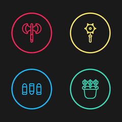 Set line Bullet, Quiver with arrows, Medieval chained mace ball and poleaxe icon. Vector