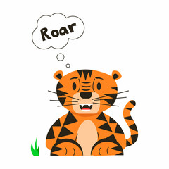 The tiger lies down and growls. Vector illustration in flat style