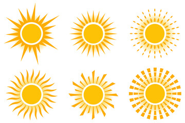 Sun, sun icons set in yellow color isolated on white background. Sun icon in flat design. Vector illustration for cartoon design.
