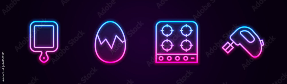 Sticker Set line Cutting board, Broken egg, Gas stove and Electric mixer. Glowing neon icon. Vector