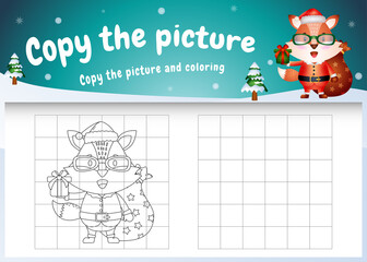 Copy the picture kids game and coloring page with a cute fox using santa costume