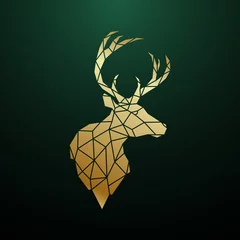 Foto op Plexiglas Golden deer head in geometric style. Reindeer Polygonal portrait on dark green background. Side view. Stock vector illustration. © greens87