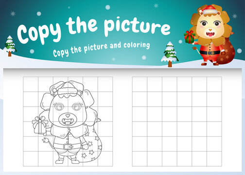 Copy the picture kids game and coloring page with a cute lion using santa costume