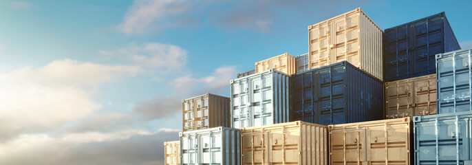 Cargo shipping concept. Stack of cargo containers for overseas shipping. Import and export concept. 3D rendering.