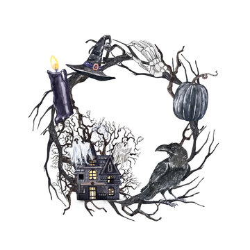 Vintage style Halloween wreath, watercolor hand painted illustration. Black raven and pumpkin, haunted house with ghosts, skeleton hand, witch hat and twigs frame. Holiday card.
