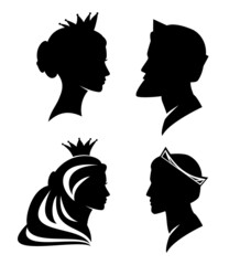 fairy tale medieval royal family - queen, princess, king and prince profile head wearing crown black vector side view portrait silhouette set