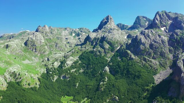 Prokletije mountains over the Grebaje valley, Montenegro. Aerial drone view.