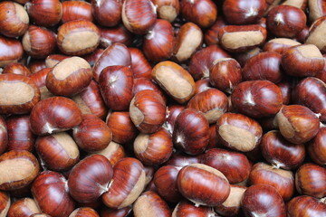 Detail of pile of chestnuts (Castanea sativa), in the foreground.