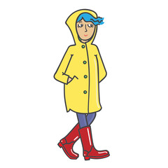Smiling girl in a yellow raincoat and red rubber boots with blue hair walks in the rain vector illustration