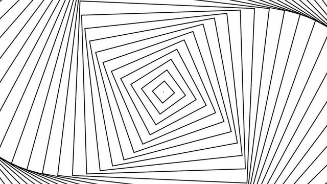 Abstract hypnotic optical illusion of rotating squares, seamless loop. Motion. Spinning rhombuses creating effect of a monochrome vortex.