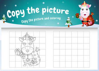 Copy the picture kids game and coloring page with a cute unicorn using santa costume